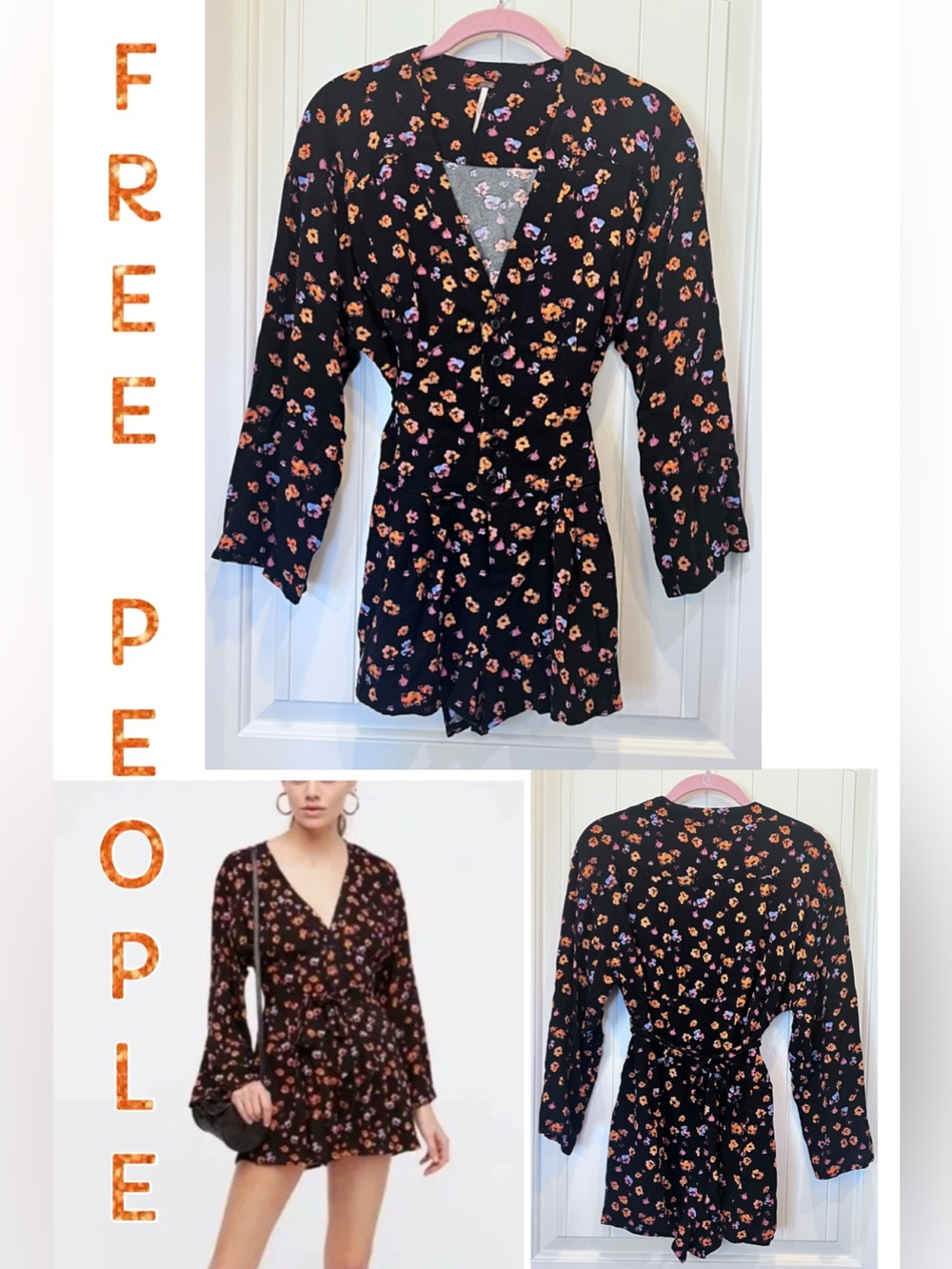 Free People L'amour Floral Long Sleeve Button Down Romper Belt Pockets Sz 6